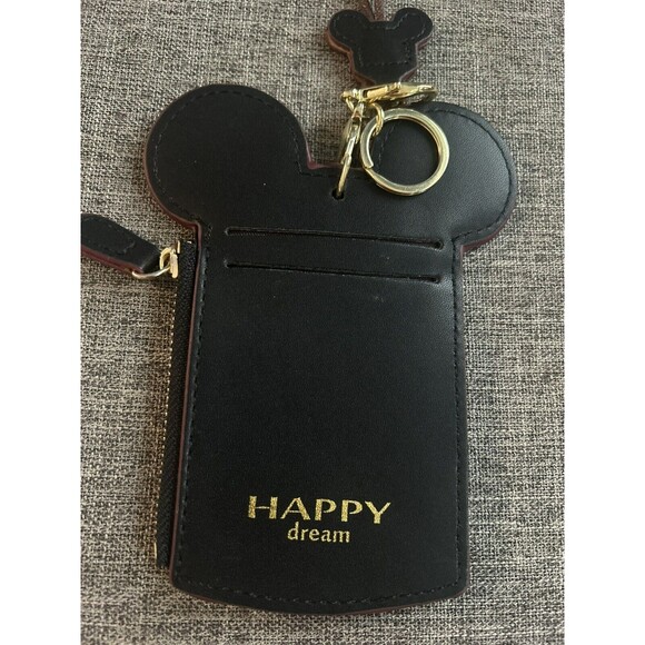 Happy Dream Mickey Mouse Lanyard Leather Black Gold Ears Card Money Coin Holder - Picture 4 of 4